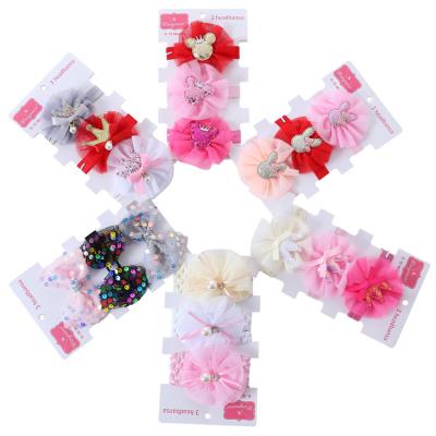 China Soft Newborn Baby 3pcs/set Lace Mesh Ribbon Bows Headband Set for sale