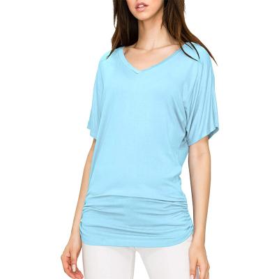 China Solid Short T-Shirt Women's Plain V-Neck Boat Neck Vintage Sleeve Dolman Top Breathable With Side Bubbling for sale