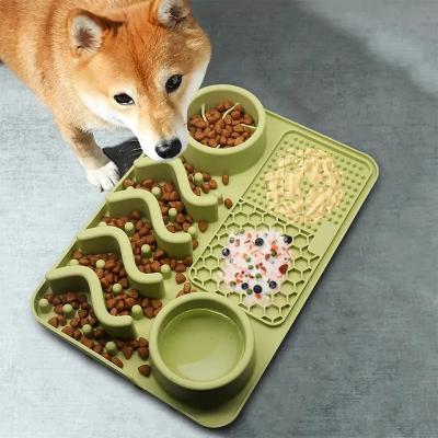 China Patented Slow Stored Food Feeder Place Mat Free Sample Non-Slip Water Protective All-in-One Pet Lick Mat Food Grade Silicone Dog Food Bowl Mat for sale