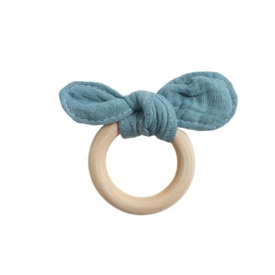 China Bunny Wooden Ring Gauze Teething Cute Rattling Wooden Teether for Baby for sale