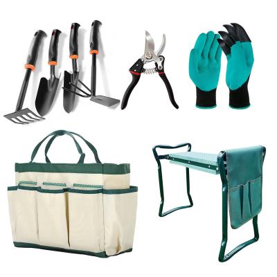 China Multifunctional Aluminum Alloy Mini Hand Plant Garden Tools Kit Set With Garden Gloves Tote Storage Bag Kneeling Stool of 8 PCs Garden Work for sale