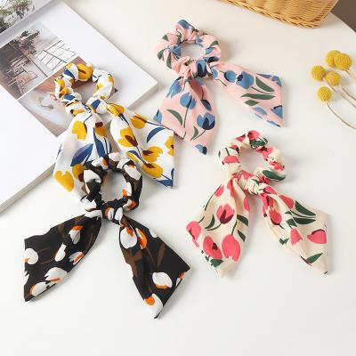 China Rose Flower Print Scrunchies Bowknot Ribbon Pearl Hair Tie Elastic Hair Band New CIA Women Korean Trendy Hair Accessories for sale