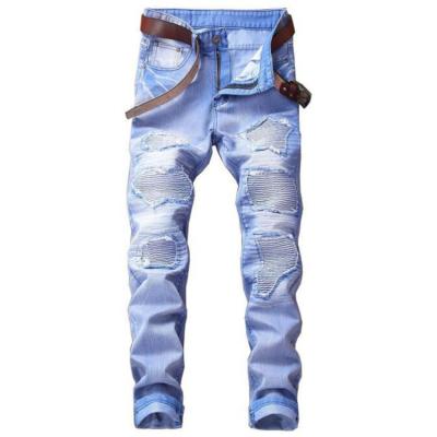 China Spring Denim Straight Pants BLUE RED GRAY Jeans Mens Ripped Street Hip Hop Stretch Bike Holes Fashionable Punks Jeans Breathable for sale