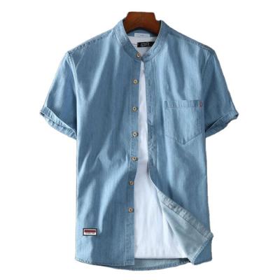 China Fashion Men's Casual Pure Color Denim Shirts Stand Collar Denim Shorts Sleeve Breathable Comfortable Shirt Plus Size Cotton Men Top for sale