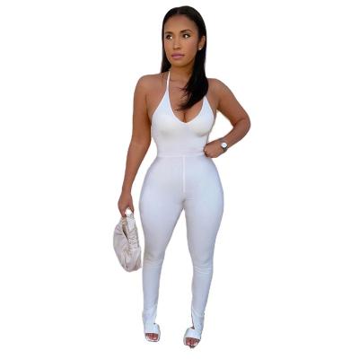 China Breathable Sexy Halter Bodycon Backless Overalls Club Outfits Fitness Gym Overalls 2022 Fashion White One Piece Women for sale