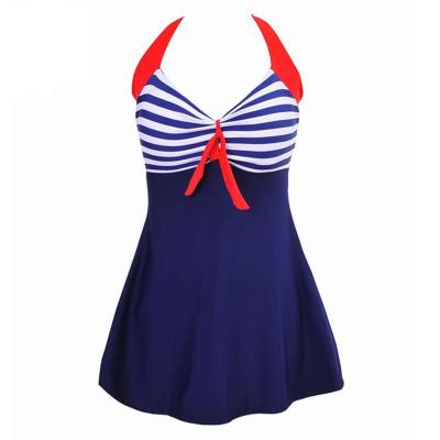 China New Breathable Bikini Dress Swimwear Women One Piece Swimsuit Plus Size Stripe Halter Tankini Skirt Shorts Bath Suit 4XL Female Beach Wear for sale