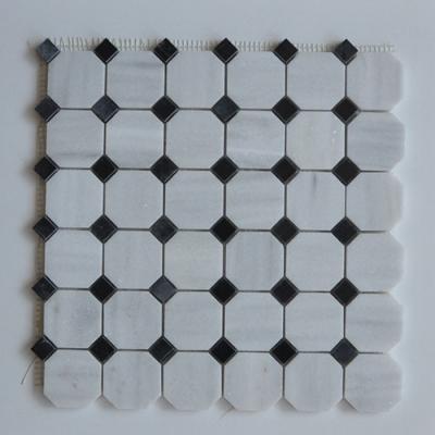 China Arabescato Carrara White Italian Stone Mosaic Tile With Octagon Black Dots for sale