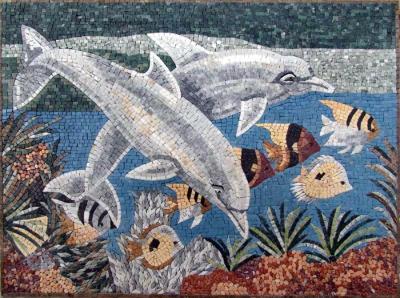 China Blue Sea White Dolphins Mosaic Art Patterns Medallion Fish Border Marble Mosaic Tile for sale