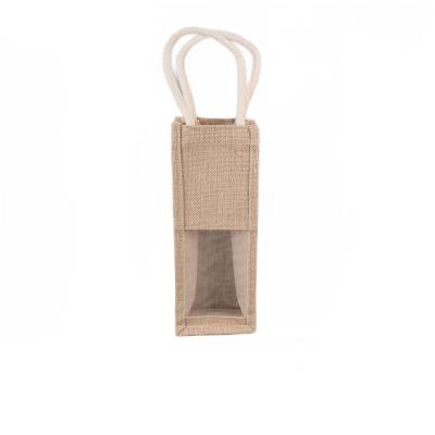 China Small Reusable Custom Plain Small Jute Shopping Bag Burlap Wine Bag With PVC Window for sale