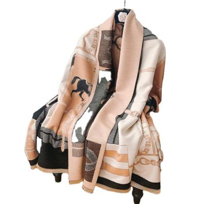 China 2022 Fashion Luxury Thick Designer Brands Scarves For Women Winter Oversize Cashmere Horse Pattern Scarf Chain Shawl for sale