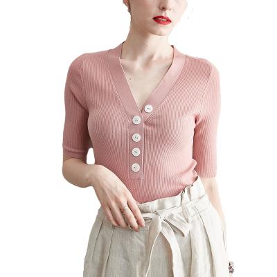 China High Quality Women Color Shell Button Slim Fit Pure Cashmere T-Shirt Anti-Shrink for sale