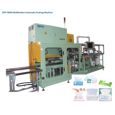 China High Production Efficiency SPR-Y60M Servo Drive Automatic Cotton Towel Tissue Facial Tissue Pad Sanitary Napkin Wet Packing Machine for sale