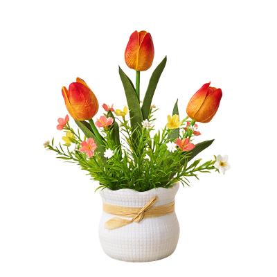 China Plastic Home table decor Small white pot+tulip artificial flowers with pot for decoration for sale