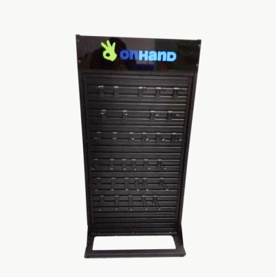 China Rush Black Slat Wall Floor Display Rack With Hooks Back Panel Aluminum Shelf Display Rack for sale