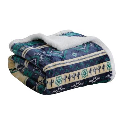 China Soft Warm Patterned Sherpa Blankets For Winter Double Layer Print Green Bohemian High Quality Puffy Blanket for sale