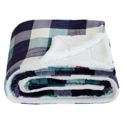 China Skin friendly blended fabric for blanket, sauna wool blanket, double sided checkered throw fleece sherpa green/white super soft sofa blanket, for sale