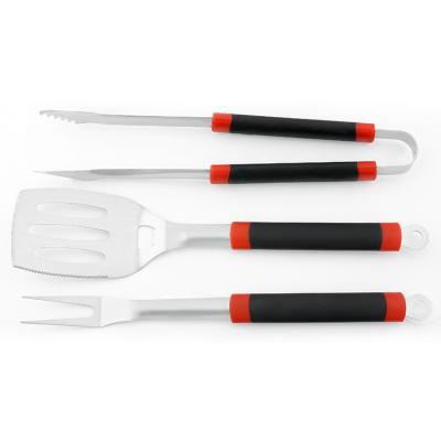 China Customerised Easily Cleaned Stainless Steel BBQ 3pcs Tool Kit With Tongs Fork Spatula for sale