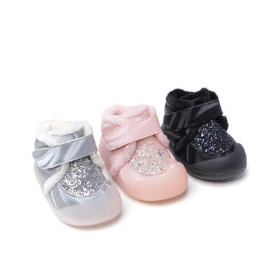 China Fashion Glitter Flat Boots Children's Baby Toddler Shoes PVC Soft Sole Winter 2021 Girls and Boys Warm Black Pink Silver Snow Boots for sale