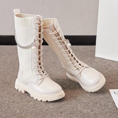 China 2021 Autumn Children's Girls' New Soft Sole Chain Ankle Boots High Boots Socks Long Flat Fashionable Leather Boots New for sale