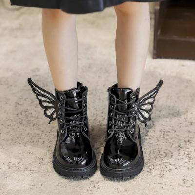 China Flat 2021 Children's Martin Boots Autumn and New Princess Winter Leather Boots Girls Butterfly Fashion Bright PU Leather Ankle Boots for sale