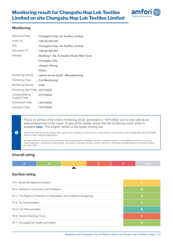 Factory certification - Changshu Dashijia Textiles Co., Ltd.