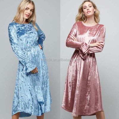 China S-3XL Anti-Static Anti-Static Custom Made Lady Fashion Long Sleeve Ruffled Light Crushed Velvet Midi Dress For Women for sale