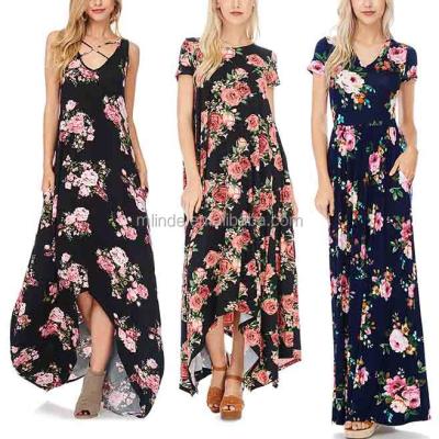 China Breathable 2017 Womens Clothing Breathable Dresses Navy / Black Floral Womens Maxi Dresses Lady for sale