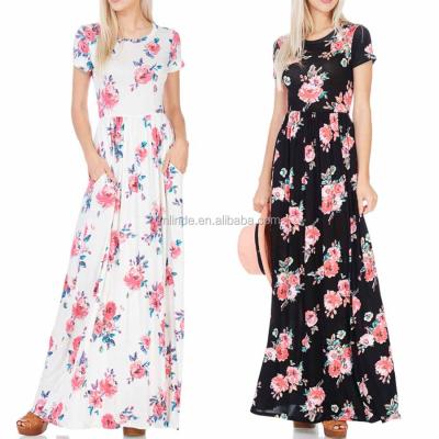 China Wholesale Anti-Static Anti-Static Shorts Round Neck Elastic Sleeve Floral Print Plus Size Maxi Dress With Inseam Pockets for sale