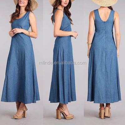 China Breathable Breathable Denim One Piece Dress Patterns Women Midi Denim Dress Sleeveless Muslim for sale