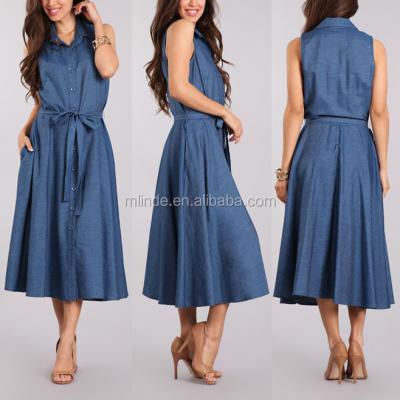 China 100% Breathable Cotton Denim Dress Shirt Breathable Sleeveless Midi Tie-Waist Pockets Button Down Denim Dress Women for sale