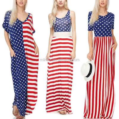 China Wholesale Breathable Custom Printed Spandex Fabric Red And Blue Stars Striped Breathable American Flag Maxi Dresses for sale