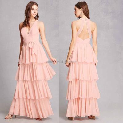 China 100% Polyester Breathable Pink Dressing Gown Racerback Deep V-Necklines Wedding Party Ruffle Tiered Long Robe Bridesmaid Dresses for sale