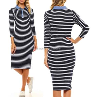 China OEM Breathable Casual Wear Stylish STRIPE KNIT Bodycon Midi Dress WITH DENIM COLLAR TRIM for sale