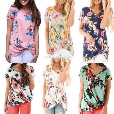 China Anti-pilling Plus Size USA Women Floral Print Shorts Anti-pilling Sheath Wholesale Front Side Knot Private Label Clothing Tees for sale