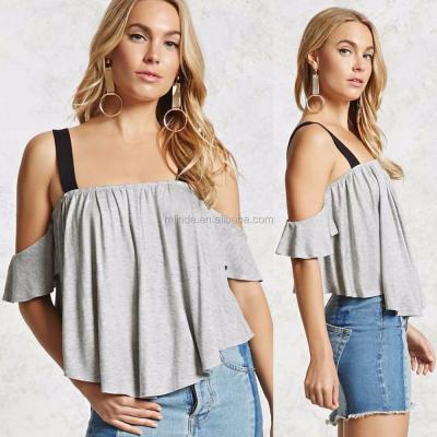 China Ladies Breathable Knitwear Blouse Pattern Neckline Square Short Sleeves Contrast Straps Open-shoulder Fashion Women Tops for sale