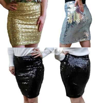 China Wholesale Plus Size Plus Size Black Silver Gold Pencil Sequin Skirt Knee Length Stretch Skirt for sale