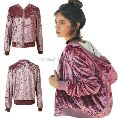 China Breathable Fashion Hot Pink Crushed Velvet Baseball Jackets Womens Custom Print Hooded Varsity Jacket Ladies for sale