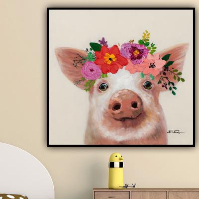 China 100% Hand Painted Modern Oil Painting Beautiful Pig With Garland Art Living Room Wall Painting Decoration for sale