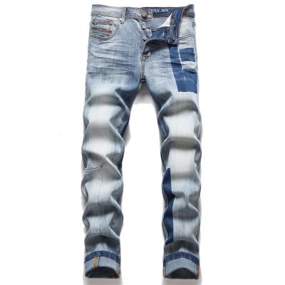 China High Quality Fade Proof Cat Whiskers White Denim Jeans Blue Elastic Color Balancing Stitching Mens Jeans Pants for sale