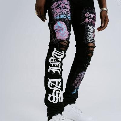 China Fade Proof Hg Color OEM Loose Pants Distressed Denim Streetwear Ripped Embroidered Mens Jeans for sale