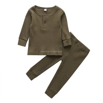 China Casual Fashion Ribbed Button Long Sleeved Wooden Kid's Clothing Set Baby Complete With Pant for sale