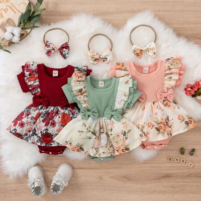 China Popular Cute Ribbed Cotton Kids Clothing Printed Cotton Ruffles Baby Romper for sale