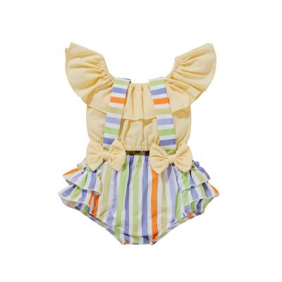 China Washable Colorful Striped Infant Romper Set Cotton Baby Suspender Outfits 0-24 Months for sale