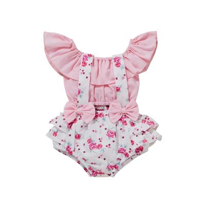 China Nice Washable Cotton Bows Baby Two Piece Clothing Set Pink Suspender Romper Set for sale