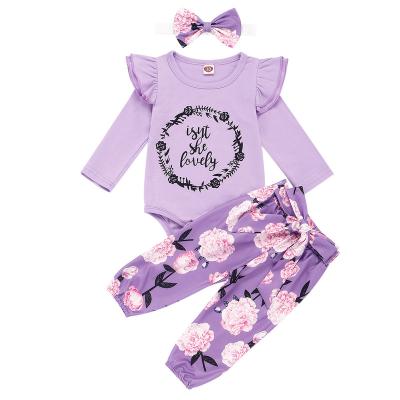 China 100% Cotton Spring and Autumn New Baby Girl' S Costume Candy Color Letter Print Flower Pants Rising Headdress Three-Piece Set for sale