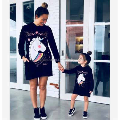 China Wholesale Spring Breathable Autumn Amazon Popular Style Clothing For Family Matching Unicorn Printed Hoodie Mum And Child's Dress for sale