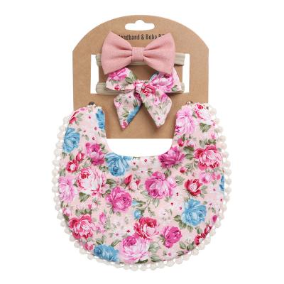 China Double-Sided Pocket Washable Canvas Printed Broken Children's Saliva Flower Towel Baby Cotton Bib Headband Set for sale