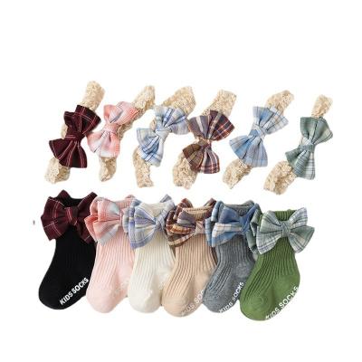 China British Style Baby Kids Breathable Hair Band Non Slip Socks Set Bow for sale