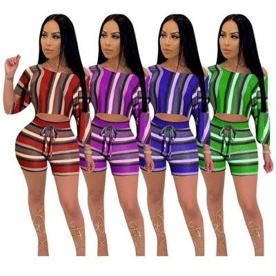 China JOFZ-1002 Summer Breathable Sexy Stripe Print Skinny 2 Pcs Tracksuit Teams Two Piece Shorts Set Women Clothing For Women Two Piece Set for sale