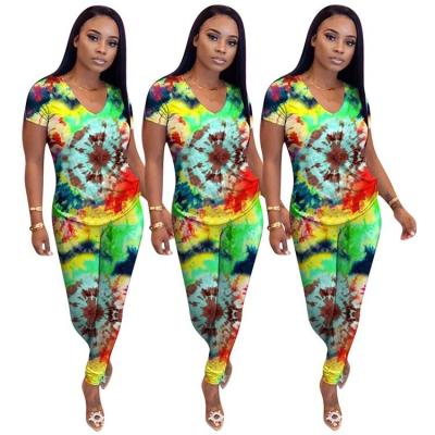 China JOFZ-1017 Breathable Multicolor Printed Short Sleeve Women's Sports Set Long Pants T-short Printed Casual Two Piece Pants Set for sale